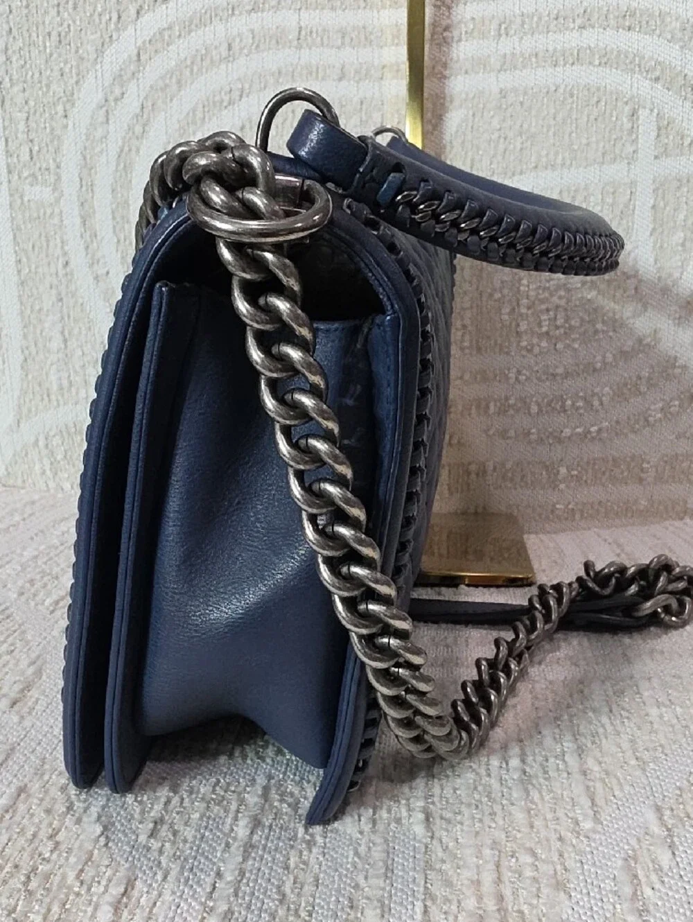 Chanel Boy Large Quilted Navy Leather Chain Top-Handle Shoulder Bag